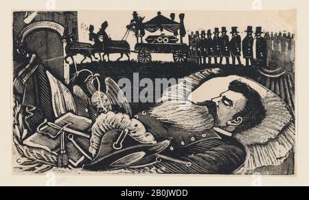 José Guadalupe Posada, un uomo che giace sul suo letto death con un corteo funerario sullo sfondo, da un lato intitolato 'Arrivo alla capitale del corpo del generale Manuel Gonzalez', José Guadalupe Posada (messicano, 1851–1913), 1893, Attacco su zinco, foglio: 4 3/16 × 7 13/16 in. (10,6 × 19,8 cm), stampe Foto Stock