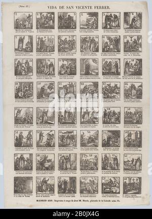 José María Marés, Broadside con 48 scene relative alla vita di San Vincenzo Ferrer, 1858, incisione del legno, foglio: 17 1/8 × 12 5/16 in. (43,5 × 31,3 cm), stampe Foto Stock