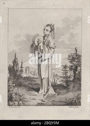 Jean Pierre Louis Laurent Hoüel, Chinoiserie con una donna che tiene piatti, da Suite de Figures Chinoises. . Tiré du Cabinet de MR. D'Azaincourt (Serie di Figure Chinoiserie. . Dalle Camere del Sig. D'Azaincourt), Plate 4, Suite de Figures Chinoises. . Tiré Du Cabinet De Mr. D'Azaincourt, Jean Pierre Louis Laurent Hoüel (Francese, Rouen 1735–1813 Parigi), Dopo François Boucher (Francese, Parigi 1703–1770 Parigi), 1755–76, Incisione Ed Incisione, Piatto: 9 Pollici. × 6 3/4 poll. (22,8 × 17,2 cm), foglio: 13 3/4 × 10 7/16 in. (35 × 26,5 cm Foto Stock