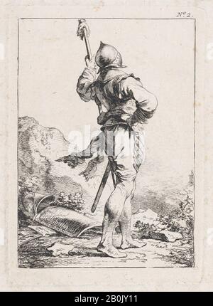 Philippe Jacques De Loutherbourg, Soldier Permanente Visto Da Dietro, Prima Suite Di Soldati, P. 2, Philippe Jacques De Loutherbourg (Francese, Strasburgo 1740-1812 Londra), 1755-71, Incisione, Immagine: 4 1/4 In. - 3 poll. (10,8 - 7,6 cm), Piastra: 4 3/4 - 3 3/8 in. (12,1 - 8,5 cm), foglio: 5 3/16 - 3 3/4 in. (13,1 - 9,5 cm), stampe Foto Stock