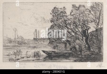 Camille Corot, Ville d'Avray: Barca Sotto i Willows (Effetto Mattutino), Camille Corot (francese, Parigi 1796–1875 Parigi), 1857, Incisione; secondo stato di due, Piatto: 3 1/16 in. × 5 poll. (7,8 × 12,7 cm), foglio: 3 3/4 × 5 1/2 in. (9,5 × 14 cm), stampe Foto Stock