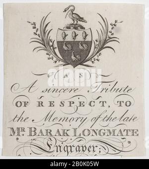 Anonimo, British, fine 18th secolo, Memorial Card per il Sig. Barak Longmate, editore genealogico e incisore araldico, Anonymous, British, fine 18th secolo, ca. 1793, incisione, foglio: 3 3/8 × 3 1/8 in. (8,6 × 8 cm Foto Stock