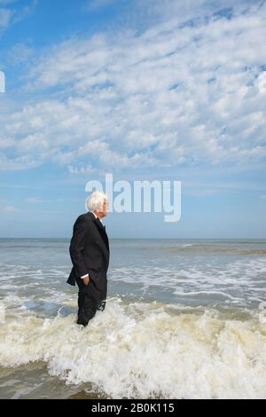 Uomo d'affari in abito formale soddisfatto in piedi nel mare Foto Stock