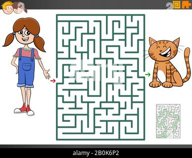 Illustrazione del fumetto di Puzzle labirinto educativo per i bambini con il personaggio di ragazza e gattino Illustrazione Vettoriale