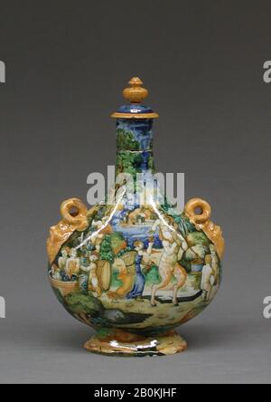 Laboratorio di Orazio Fontana, bottiglia Pellegrina, Italiano, Urbino, laboratorio di Orazio Fontana (italiano, Urbino, ca. 1510-1576), ca. 1550, Italiano, Urbino, maiolica (terracotta latta), Totale: 13 1/2 × 8 13/16 × 5 9/16 in. (34,3 × 22,4 × 14,1 cm), ceramica-ceramica Foto Stock