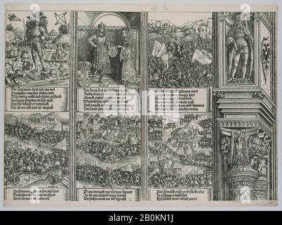 Albrecht Dürer, Il Betrothal di Maria di Borgogna; Young Maximilian; La Lotta per la successione borgognona; la battaglia Vicino Therouanne; la guerra in Guelderland; e il Feud di Utrecht, dall'Arco D'Onore, prova, datato 1515, stampato 1517-18, Albrecht Dürer (tedesco, Norimberga 1471-1528), Hans Springinklee (tedesco, ca. 1495–dopo il 1522), Wolf Traut (tedesco, 1486–1520), 1515, Woodcut e letterpress, foglio: 18 1/4 × 24 15/16 in. (46,3 × 63,3 cm), stampe Foto Stock