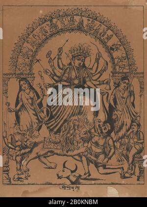 Sri Sri Durga, India, Bengala Occidentale, Calcutta, Ca. 1875–80, India, Bengala Occidentale, Calcutta, stampa Litografica su carta, immagine (testo escluso): 10 1/2 × 8 1/4 in. (26,7 × 21 cm), foglio: 11 3/4 × 8 3/4 in. (29,9 × 22,2 cm), stampe Foto Stock