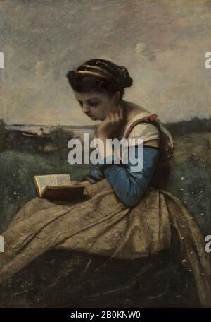 Camille Corot, A Woman Reading, Camille Corot (francese, Parigi 1796–1875 Parigi), 1869 e 1870, olio su tela, 21 3/8 x 14 3/4 in. (54,3 x 37,5 cm), Dipinti Foto Stock