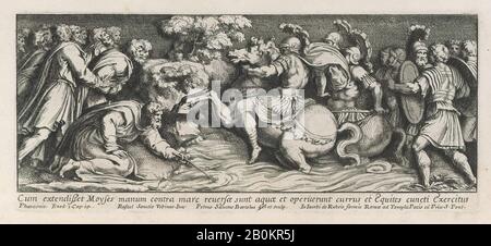 Pietro Santi Bartoli, Mosè che separa il Mar Rosso come l'esercito del faraone annega, dopo la stanza di Eliodoro di Raffaello, da una serie di 15 piatti, raffiguranti le opere di Raffaello per le stanze Vaticane e gli arazzi della Cappella Sistina, Serie di 15 tavole raffiguranti le opere di Raffaello per le stanze Vaticane e gli arazzi della Cappella Sistina, Pietro Santi Bartoli (italiano, Perugia 1615–1700 Roma), Dopo Raffaello (Raffaello Sanzio o Santi) (italiano, Urbino 1483–1520 Roma), 1650–70, Acquaforte, foglio: 9 3/8 × 13 5/16 in. (23,8 × 33,8 cm), Piastra: 4 3/16 × 10 in. (10,7 × 25,4 cm), stampe Foto Stock