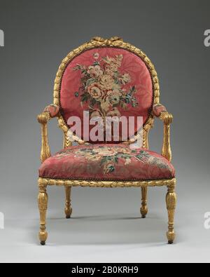 John Mayhew, Armchair (uno dei sei), britannico e francese, John Mayhew (inglese, 1736–1811) e William Ince (inglese, attivo ca. 1758/59–1794, morto nel 1804), arazzo intessuto a Manufacture Nationale des Gobelins (francese, fondato nel 1662), laboratorio di Jacques Neilson (francese, 1714–1788), 1769–71, britannico e francese, fruttato Dorato; lana e seta (22-24 orditi per pollice, 9-10 centimetri), Totale: 41 1/2 × 28 × 29 in. (105,4 × 71,1 × 73,7 cm Foto Stock