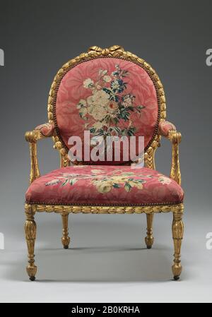 John Mayhew, Armchair (uno dei sei), britannico e francese, John Mayhew (inglese, 1736–1811) e William Ince (inglese, attivo ca. 1758/59–1794, morto nel 1804), arazzo intessuto a Manufacture Nationale des Gobelins (francese, fondato nel 1662), laboratorio di Jacques Neilson (francese, 1714–1788), 1769–71, britannico e francese, fruttato Dorato; lana e seta (22-24 orditi per pollice, 9-10 centimetri), 41 5/8 × 28 1/2 × 26 in. (105,7 × 72,4 × 66 cm Foto Stock