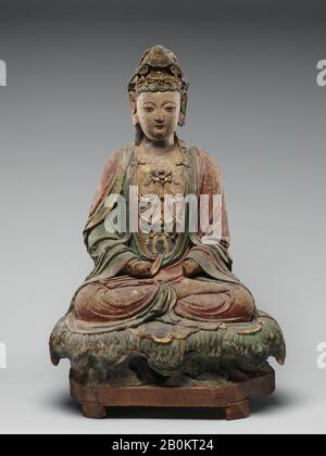 Figura seduta su base altiforme, Cina, dinastia Ming iniziale (1368–1644), Cultura: Cina, stucco, a.. H. 22 3/4 in. (57,8 cm); W. 15 3/4 in. (40 cm); D. 10 1/2 in. (26,7 cm), b. H. 8 1/4 poll. (21 cm); W. (48,3 cm); D. (32,4 cm), scultura Foto Stock