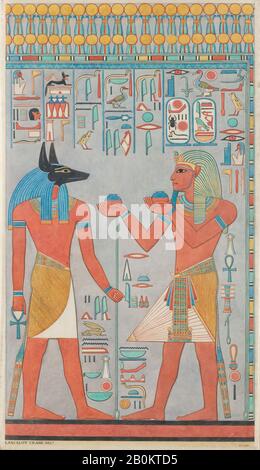 Lancelot Crane, il Re con Anubis, Tomba di Haremhab, Novecento; originale nuovo Regno, Lancelot Crane (1880–1918), Dinastia 18, regno di Haremhab, 1910–1911; originale ca. 1323–1295 a.C., Dall'Egitto, dall'Egitto superiore, Tebe, Valle dei Re, Tomba di Haremhab (KV 57), Tempera su carta, facsimile H. 63 cm; W. 35,5 cm (14"), Scala sconosciuta, con Cornice H. 65,4 cm (25 3/4"); W. 38,7 cm Foto Stock