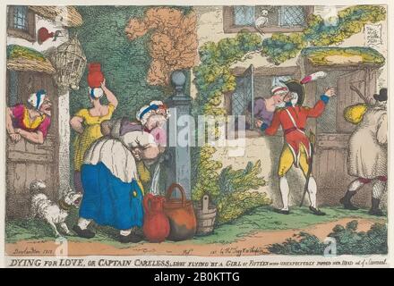 Thomas Rowlandson, Moring for Love, or Captain Catwaty, Shot Flying di una ragazza Di Quindici che Inaspettatamente Ha Schioccato La sua testa da un Casement, Thomas Rowlandson (British, London 1757–1827 London), 1810, Incisione A Mano-colore, foglio: 8 15/16 in. × 13 poll. (22,7 × 33 cm), stampe Foto Stock