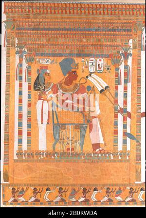 Nina de Garis Davies, Amenhotep III e sua Madre, Mutemwia, in un chiosco, Novecento; nuovo regno originale, Nina de Garis Davies (1881–1965), dinastia 18, regno di Amenhotep III, 1914; ca originale. 1390–1353 a.C., Originaria dell'Egitto, dell'Alto Egitto, Tebe, Sheikh Abd el-Qurna, Tomba TT 226, Tempera su carta, M. H. 232,9 cm; W. 162,6 cm (64 in.), Scala 1:1, Incorniciata: H. 2,35 m; W. 1,64 m (64 3/4 in.); Th. 3,8 cm Foto Stock