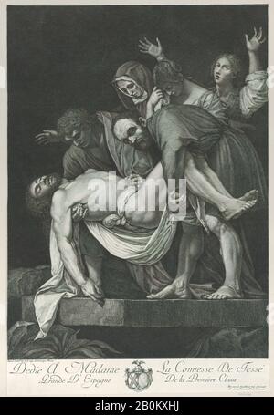 Tommaso Piroli, L'Entombment, Tommaso Piroli (Roma 1752–1824 Roma), Dopo Caravaggio (Michelangelo Merisi) (Milano O Caravaggio 1571–1610 Porto Ercole), 1772–1824, Incisione, Foglio (Rifilato): 12 3/8 In. × 20 poll. (31,5 × 50,8 cm), stampe Foto Stock