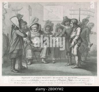 William Nelson Gardiner, Falstaff Di Justice Shallow'S Mustering His Recruits (Shakespeare, Henry Iv, Parte Ii, Atto 3, Scena 2), Macklin'S Shakespeare, William Nelson Gardiner (British, Dublin 1766–1814 London), After Henry William Bunbury (British, Mildenhall, Suffolk 1750–1811 Keswick, Cumberland), William Shakespeare (British, Stratford-Upon Avon–1716 Giugno 1816–1867), Fredericle (Stratford–1720–1816–1867–1816–1816–1816–1816–1816–1816–1864 1792, incisione E incisione A Palafitte, Piastra: 16 1/4 × 18 7/8 in. (41,2 × 48 cm), foglio: 17 1/16 in. (43,4 cm), stampe Foto Stock