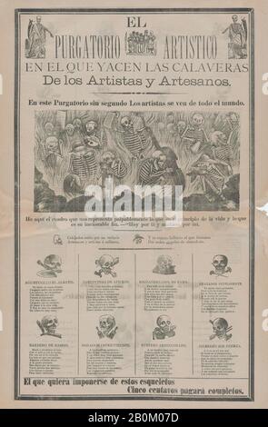 José Guadalupe Posada, Broadsheet, su recto artista e artigiani dell'inferno con oggetti relativi alla loro professione intitolata 'il purgatorio artistico, dove si trovano i calaveras di artisti e artigiani', su verso teschi relativi a diverse professioni, José Guadalupe Posada (Messico, 1851–1913), ca. 1900–1910, Etching su zinco, woodcut, letterpress, rilievo, foglio: 23 5/8 × 15 3/4 in. (60 × 40 cm), stampe Foto Stock