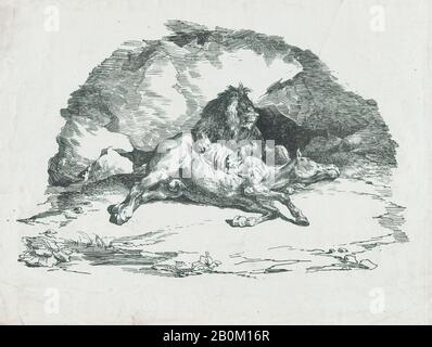 Théodore Gericault, Lion Devouring a Horse, Théodore Gericault (francese, Rouen 1791–1824 Parigi), 1818, Lithograph, immagine: 7 1/2 x 11 13/16 in. (19 x 30 cm), foglio: 10 13/16 x 14 5/8 in. (27,5 x 37,1 cm), stampe Foto Stock