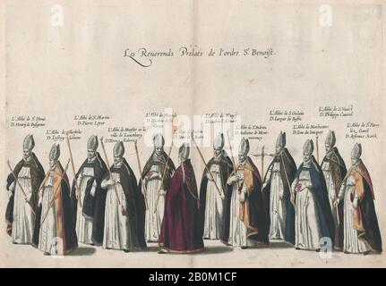 Cornelis Galle i, Piatto 11: Membri del clero che marciano nella processione funebre dell'Arciduca Alberto d'Austria; da 'Pompa Funebris, Alberti Pii', Cornelis Galle i (Netherlandish, Anversa 1576–1650 Anversa), Dopo Jacques Francquart (francese, Bruxelles 1577–1651 Bruxelles), 1623, Acquaforte con colorazione a mano, foglio: 11 3/16 × 15 in 15. (28,4 × 39 cm), Piastra: 9 15/16 × 14 7/16 in. (25,2 × 36,6 cm Foto Stock