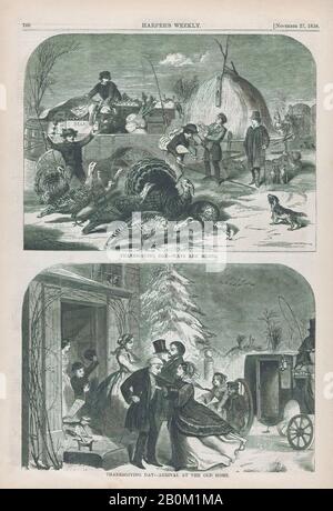 Dopo Winslow Homer, Giorno Del Ringraziamento – Arrivo Alla Old Home (Harper'S Weekly, Vol. Ii), Dopo Winslow Homer (American, Boston, Massachusetts 1836–1910 Prouts Neck, Maine), 27 Novembre 1858, Incisione Del Legno, Immagine: 6 1/4 X 9 1/4 In. (15,9 x 23,5 cm), foglio: 16 x 11 1/4 poll. (40,6 x 28,5 cm), stampe Foto Stock