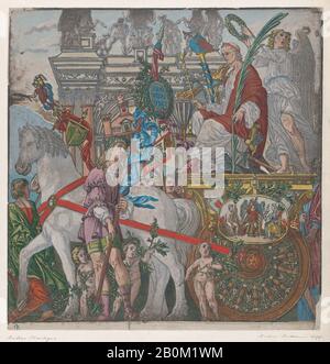 Andrea Andreani, foglio 9: Giulio Cesare nel suo carro trainato da cavalli, dal Trionfo di Giulio Cesare, Andrea Andreani (Italia, Mantova, 1558/1559-1629), relatore intermediario Bernardo Malpizi (italiano, ca. 1553–1623), Dopo Andrea Mantegna (Italiano, Isola di Carturo 1430/31-1506 Mantova), 1599, taglio di legno A Mano, foglio: 14 7/8 × 14 1/2 in. (37,8 × 36,8 cm), stampe Foto Stock