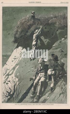 Dopo Winslow Homer, Raid su una Colonia Sand-Swallow – 'quante Uova?' (Harper's Weekly, Vol. XVIII), Dopo Winslow Homer (American, Boston, Massachusetts 1836–1910 Prouts Neck, Maine), W. H. Lagarde (American, Active 1873–74), 13 giugno 1874, incisione del legno, immagine: 13 3/8 x 9 1/8 in. (34 x 23,2 cm), foglio: 15 9/16 x 10 5/16 in. (39,5 x 26,2 cm), stampe Foto Stock