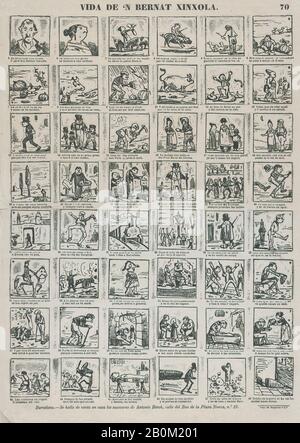 Antonio Bosch, Broadside con 48 scene relative alla vita Bernat Xinxola, ca. 1865–68, Incisione (foto-rilievo?), foglio: 17 5/16 in. × 13 poll. (44 × 33 cm), stampe Foto Stock