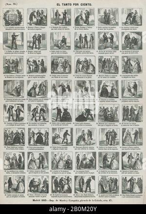 José María Marés, Broadside con 48 scene relative alla commedia 'El Tanto por Ciento', 1863, incisione del legno, foglio: 16 9/16 × 11 15/16 in. (42 × 30,4 cm), stampe Foto Stock