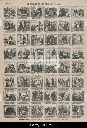 José María Marés, Broadside con 48 scene relative al pellegrinaggio di San Isidro, 1863, incisione del legno, foglio: 17 5/16 × 12 3/16 in. (44 × 31 cm), stampe Foto Stock