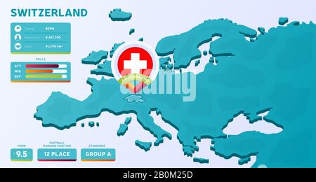 Mappa isometrica dell'Europa con il paese evidenziato Svizzera vettore illustrazione. Infografica e countr. Fase finale del torneo calcistico europeo 2020 Illustrazione Vettoriale