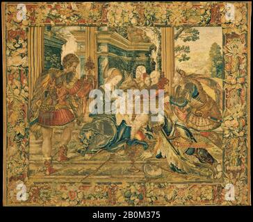 Disegno attribuito a Bernard van Orley, Adorazione dei Re, Netherlandish, Bruxelles, Elementi del gruppo centrale sono derivati da Tommaso Vincidor (Tommaso di Andrea) (italiano, Bologna ca. 1517–ca. 1536 Breda (?)) 'Adorazione' per gli arazzi della Scuola Nuova, eventualmente intessuti nel laboratorio diretto da Pieter van Aelst Il Giovane (fiammingo, attivo 1509–55), 1525–1535, Netherlandish, Brussels, Wool, Silk, Silver, Silver-gilt thread (20 orditi per pollice, 8 per cm.), H. 2 poll. (1.25 m.), W. 5 ft. (1.52 m.), tessile-arazzi Foto Stock