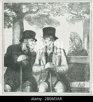 Honoré Daumier, Non male, non male a tutta la signora sopra di lì, mi chiedo se è sola, che cosa ci sono i rastrelli!, da 'schizzi parigini', pubblicato in le Charivari, 8 settembre 1864, 'schizzi parigini' (Croquis Parisiens), Honoré Daumier (francese, Marsiglia 1808–1879 Valmondois), 8 settembre 1864, immagine di giornale: Lithograph: 9 1/2 in. × 9 poll. (24,1 × 22,9 cm), foglio: 11 5/8 × 11 7/8 in. (29,5 × 30,1 cm), stampe Foto Stock