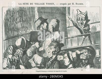 Honoré Daumier, Thrifty abitanti del villaggio, soddisfatto guardando la presentazione dall'esterno, da 'una celebrazione nel villaggio vicino,' pubblicato in le Petit Journal pour Rire, 24 giugno 1865, 'UNA celebrazione nel villaggio vicino' (la fête du village voisin), Honoré Daumier (francese, Marsiglia 1808–1879 Valmondois), 24 giugno 1865, Litografia su carta da giornale; terzo stato di tre (Delteil), immagine: 6 1/8 × 9 9/16 in. (15,5 × 24,3 cm), foglio: 8 1/8 × 11 5/8 in. (20,7 × 29,6 cm), stampe Foto Stock