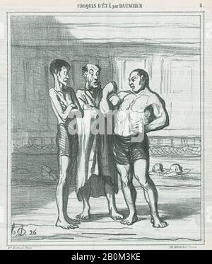 Honoré Daumier, Andando in piscina solo per lo sviluppo dei muscoli, da 'schizzi ummer', pubblicato in le Charivari, 10 agosto 1865, 'schizzi ummer' (Croquis d'été), Honoré Daumier (francese, Marsiglia 1808–1879 Valmondois), 10 agosto 1865, Lithograph on Image; Delteil state, due: 9 9/16 × 8 1/16 in. (24,3 × 20,5 cm), foglio: 14" × 11 1/4 poll. (35,5 × 28,6 cm), stampe Foto Stock