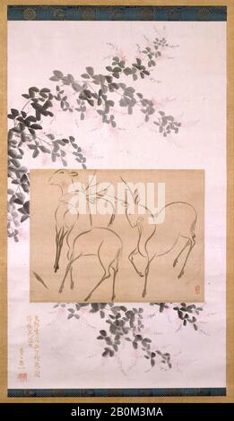 Ogata Kōrin, disegno Preliminare Di Tre cervi Montato su una pittura a scorrimento sospeso di Bush Clover Fioritura, Giappone, periodo Edo (1615–1868), Ogata Kōrin (giapponese, 1658–1716), Suzuki Kiitsu (giapponese, 1796–1858), inizio 18th secolo (disegno); inizio 19th secolo (pittura), Giappone, rotolo sospeso; inchiostro, colore e pigmento d'oro su carta, immagine (disegno): 11 3/8 × 15" (28,9 × 38,1 cm), immagine (pittura): 31 × 18 3/8 in. (78,7 × 46,7 cm), Dipinti Foto Stock