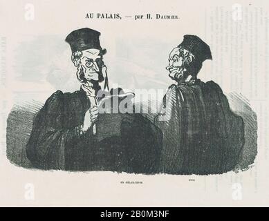 Honoré Daumier, un rapporto leggermente teso, da 'Alla corte di giustizia', pubblicato in le Petit Journal pour Rire, 3 marzo 1866, 'Alla corte di giustizia' (Au palais), Honoré Daumier (francese, Marsiglia 1808–1879 Valmondois), 3 marzo 1866, Lithograph su carta da giornale; terzo stato di tre (Delteil Image): 5 3/8 × 9 3/16 in. (13,7 × 23,4 cm), foglio: 8 13/16 × 12 3/16 in. (22,4 × 31 cm), stampe Foto Stock