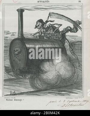 Honoré Daumier, Madame si muove, da 'News of the day', 'News of the day' (Actualités), Honoré Daumier (Francese, Marsiglia 1808–1879 Valmondois), 2 settembre 1867, litografo, penna e inchiostro marrone, e matita rossa su carta da giornale; prova, immagine: 9 3/4 × 8 7/16 in. (24,7 × 21,4 cm), foglio: 14 3/16 × 11 1/16 in. (36 × 28,1 cm), stampe Foto Stock
