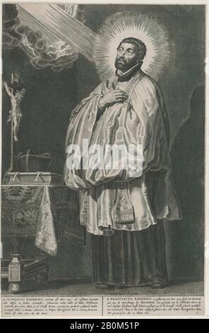 Anonimo, San Francesco Saverio con una luce divina che emana verso di lui dall'alto a sinistra, con un crocifisso, un miter, e un libro su un tavolo a sinistra, Anonimo, Dopo Schelte Adams à Bolswert (olandese, Bolsward 1581–1659 Anversa), Dopo Peter Paul Rubens (fiammingo, Siegen 1577–1640 Anversa), 1622, Engraving; copia, foglio (Rifilato): 15 3/8 × 10 1/16 in. (39,1 × 25,5 cm), stampe Foto Stock