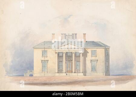 Anonimo, British, 19th secolo, Design for a Classical Country House, Entrance Elevation, Anonymous, British, 19th secolo, inizio 19th secolo, Watercolor, penna e inchiostro, foglio: 10 13/16 × 16 1/16 in. (27,5 × 40,8 cm Foto Stock