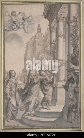 Grégoire Huret, Design per Una Frontespiece: Un uomo Che Guida una donna Incoronata e i suoi assistenti all'ingresso di un palazzo, Grégoire Huret (francese, Lione 1606–1670 Parigi), ca.1640–60, penna e inchiostro marrone, pennello e lavaggio grigio su tracce di gesso nero, foglio: 16 3/4 × 10 in 1/8 (42,5 × 25,7 cm), Disegni Foto Stock