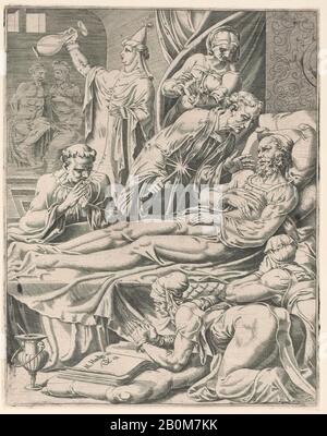 Dirck Volckertsz Coornhert, L'Uomo Ricco Sul Suo Letto Di Morte, Dalla Parabola Di Lazarus E L'Uomo Ricco, Plate 2, La Parabola Di Lazarus E L'Uomo Ricco, Dirck Volckertsz Coornhert (Netherlandish, Amsterdam 1519/22–1590 Gouda), Dopo Maarten Van Heemskerck (Netherlank, Haarlem, 1598–1574–1574–1574–1574–1574–1598–1598–1598–1574–1598–1598–1574–1598–1598–1598–1574–15 9 13/16 × 7 13/16 in. (25 × 19,8 cm), stampe Foto Stock