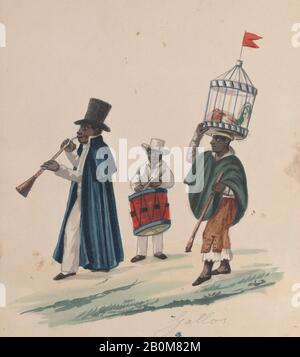 Attribuito a Francisco (Pancho) Fierro, Due musicisti e un uomo che porta in testa un gallo in gabbia, da un gruppo di disegni raffiguranti il costume peruviano, Attribuito a Francisco (Pancho) Fierro (Peruviano africano, 1807–1879), ca. 1848, acquerello, foglio: 9 1/16 × 7 15/16 in. (23 × 20,2 cm), Disegni Foto Stock