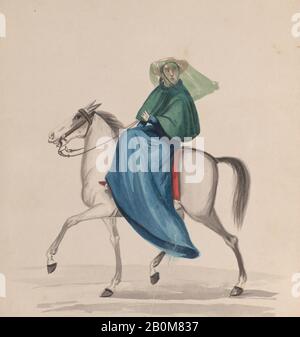 Attribuito a Francisco (Pancho) Fierro, una donna elegantemente vestita a cavallo, da un gruppo di disegni raffiguranti il costume peruviano, Attribuito a Francisco (Pancho) Fierro (Peruviano africano, 1807–1879), ca. 1848, acquerello, foglio: 9 1/16 × 8 1/16 in. (23 × 20,5 cm), Disegni Foto Stock