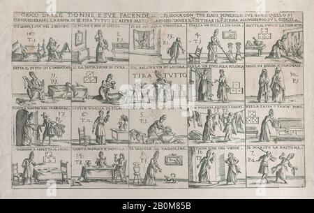 Giuseppe Maria Mitelli, Gioco Delle Donne, E Sue Facende (Gioco Delle Mogli E Dei Loro Faccende), Giuseppe Maria Mitelli (Bologna, 1634–1718 Bologna), 1654–1718, Incisione, Foglio (Rifilato): 10 1/2 × 17 5/16 In. (26,7 × 44 cm), stampe Foto Stock