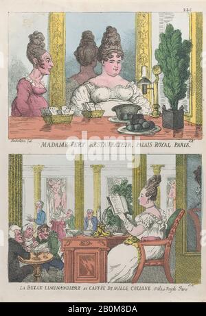 Thomas Rowlandson, Madame Very Restauranteur, Palais Royal Paris E La Belle Liminaudiere Au Caffee De Mille Collone, Palais Royale Paris, Thomas Rowlandson (Londra 1757–1827 Londra), Dopo John Nixon (Inglese, Ca. 1760–1818), 1814, incisione A Mano, foglio: 14 5/16 × 9 11/16 in. (36,3 × 24,6 cm), stampe Foto Stock