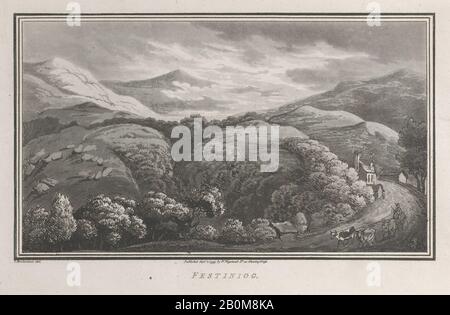 John Hill, Festiniog, da 'Osservazioni su un giro al Galles del Nord e del Sud, nell'anno 1797', 'Osservazioni su un giro al Galles del Nord e del Sud, nell'anno 1797, John Hill (britannico, ca. 1714–1775), Dopo Thomas Rowlandson (British, London 1757–1827 London), Henry Wigstead (British, 1745?–1800 Margate), 1 Settembre 1799, Acquaforte E Acquatinta, Foglio: 5 1/4 × 8 1/8 In. (13,4 × 20,6 cm), stampe Foto Stock
