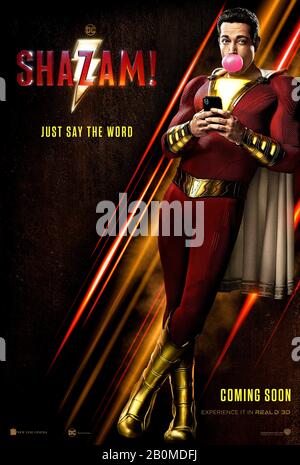 Shazam! (2019) diretto da David F. Sandberg e interpretato da Zachary Levi, Mark strong, Asher Angel e Jack Dylan Grazer. Billy Batson, un bambino in difficoltà, viene scelto per essere un campione e gli vengono conferiti dei superpoteri dal Mago Shazam ogni volta che dice il suo nome. SOLO PER L'USO EDITORIALE del poster STATUNITENSE. Crediti: BFA / Warner Bros Foto Stock
