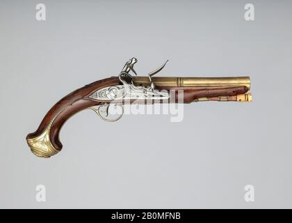 Probabilmente James Grice, Flintlock Pistol, British, London O Birmingham, Ca. 1770, Londra; Birmingham, British, Londra o Birmingham, acciaio, legno (noce), ottone, corno, L. 11 5/8 in. (29,5 cm); L. di barile 6 1/2 in. (16,5 cm); Cal. 0,56 poll. (14,1 mm); Peso 1 lb. 5 once (595,3 G), Firearms-Pistols-Flintlock Foto Stock