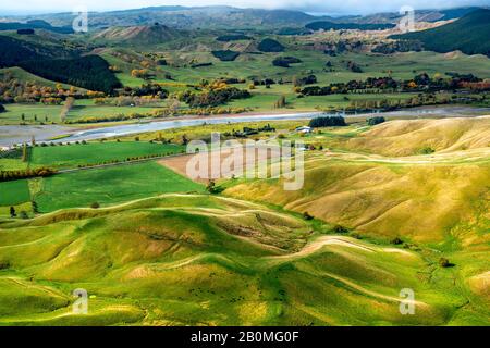 Mandria di bestiame che pascolano la lussureggiante campagna agricola sulle verdi pendici e la valle sotto la cresta di montagna a te Mata Peak Foto Stock